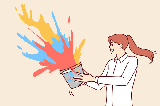 Creative woman splashes multicolored liquid paint from bucket wishing to make world brighter. Concept individuality and desire to share non-standard ideas with others. Flat vector illustration 