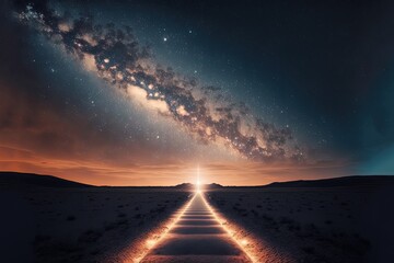illustration of way to horizon with cloudy sky and star galaxy glow light, idea for spiritual journey, believe, hope, knowing yourself and god concept background wallpaper Generative Ai - obrazy, fototapety, plakaty