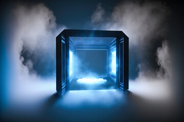 Cube product display podium with lights and smoke, Generative AI