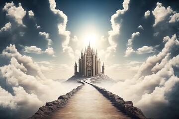 illustration of way to heaven kingdom among the clouds Generative Ai - obrazy, fototapety, plakaty
