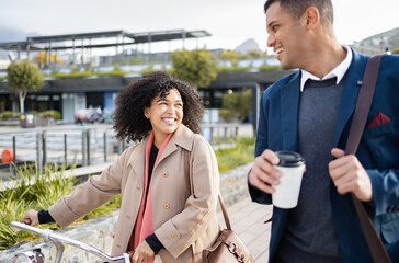 Bicycle, travel and happy business people walking in urban city, communication and team conversation. Worker friends or black woman and partner cycling with eco friendly, sustainable journey and talk