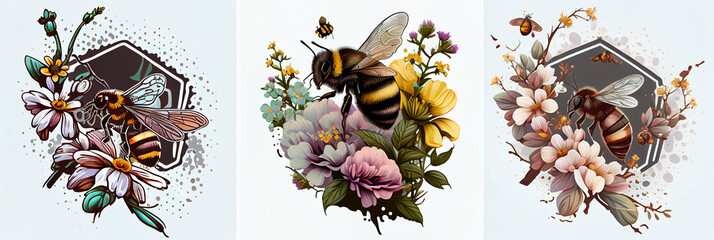 Save the bees - Spring honey bees, and flowers - obrazy, fototapety, plakaty