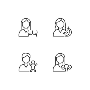 Mother and child health pixel perfect linear icons set. Mammography and gynecology. Prenatal care service. Customizable thin line symbols. Isolated vector outline illustrations. Editable stroke