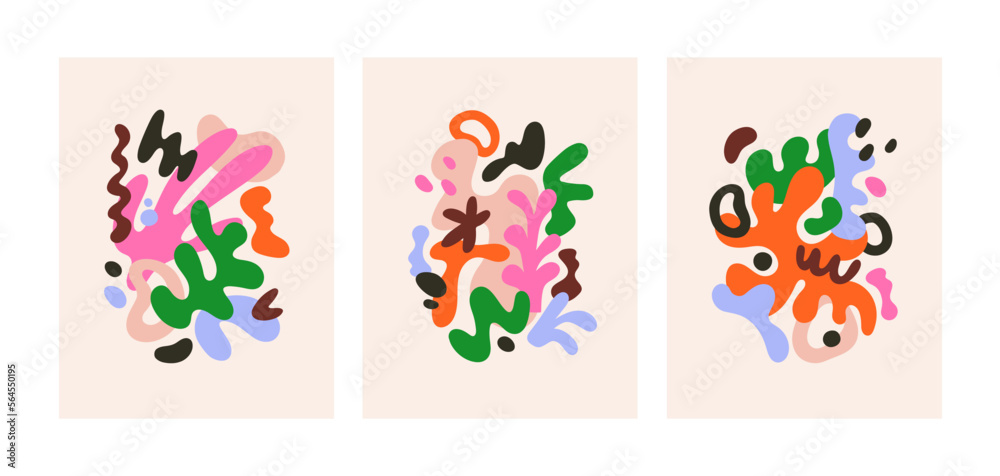 Poster Abstract interior posters designs set. Wall art with fluid organic shapes compositions, random creative elements. Modern contemporary trendy vertical cards with blobs. Flat vector illustrations