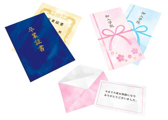 水彩風　卒業証書とご入学祝と感謝のメッセージセット