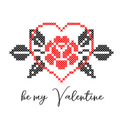 Rose and heart st. Valentine s greeting card. Ukrainian vector ethnic sign, folk element in red and black colors. Rose and heart embroidery, pixel art , vyshyvanka