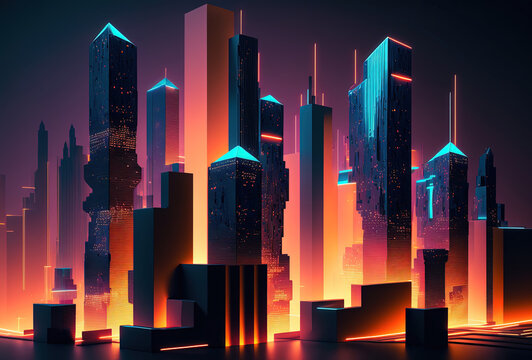 A futuristic night city in the distance glowing with neon light. Surrealistic skyscrapers. Cyberpunk, immersive world of the metaverse. 3D rendering. AI generated.