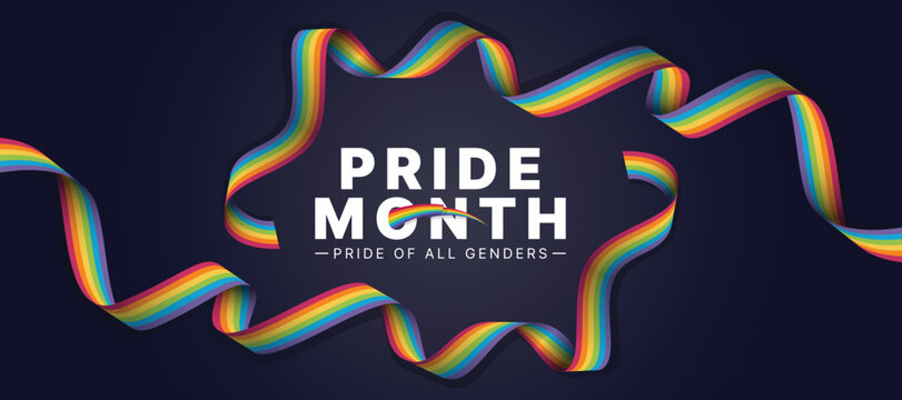 Pride month, pride of all genders text in and Two rainbow pride ribbon waving roll around circle frame on dark background vector design