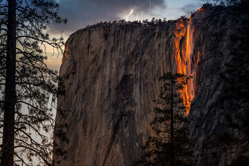 Lightning on the Firefall of El Capitan, Yosemite National Park, California
