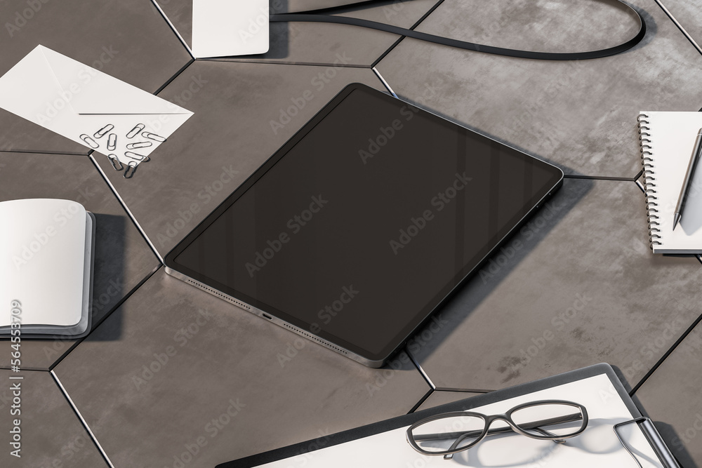 Aufkleber perspective view on blank dark modern digital tablet screen with place for your logo or text on conc