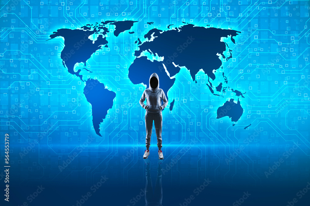Poster Hacker standing on blue circuit hologram with glowing digital map. Globalization and hi-tech concept.