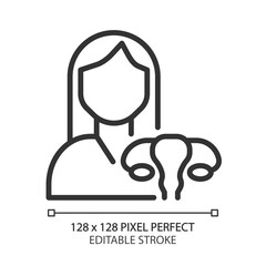 Gynaecology pixel perfect linear icon. Prevention and treatment of reproductive organs diseases. Female health care. Thin line illustration. Contour symbol. Vector outline drawing. Editable stroke