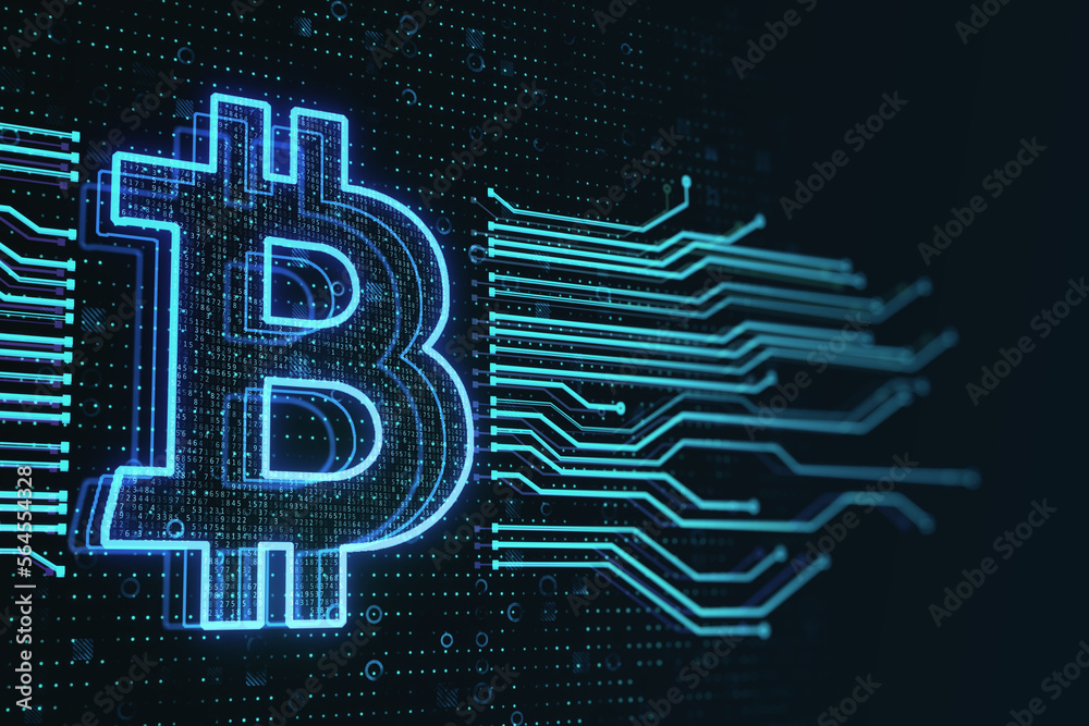 Poster crypto currency, business technologies and investing concept with digital blue bitcoin icon in the m