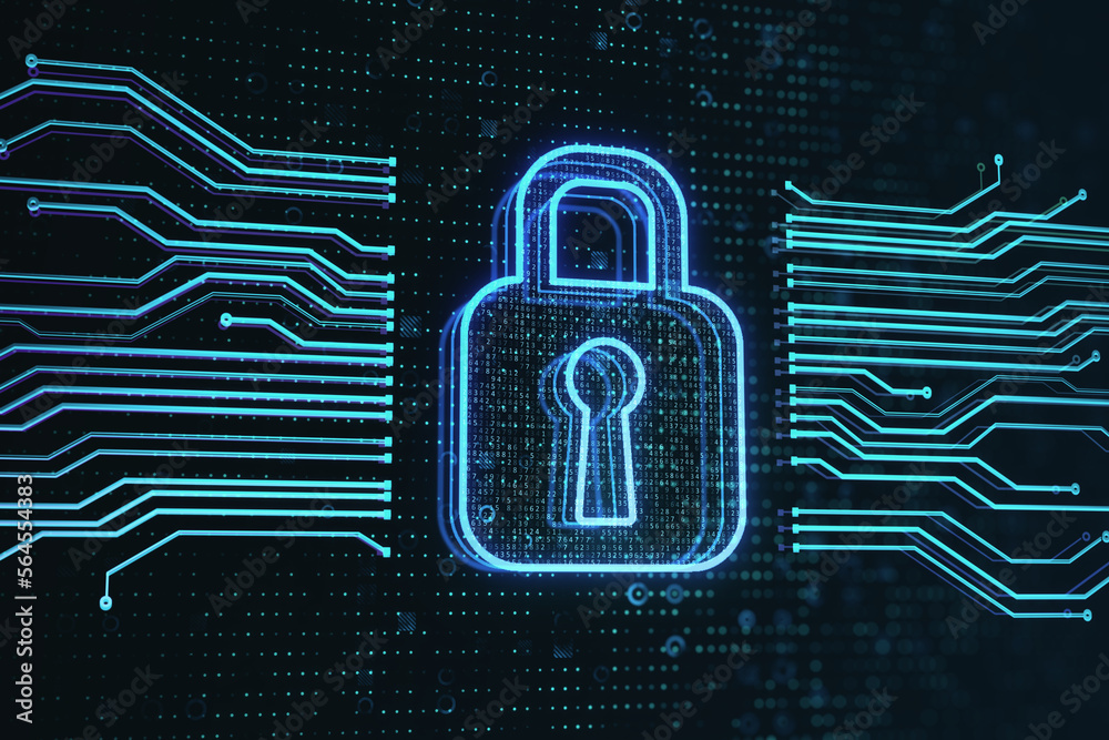 Fototapete Internet security and cyber protection technology concept with digital pad lock symbol between computer circuit lines on dark technological background. 3D rendering