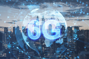 Creative glowing 6g hologram on blurry city backdrop. 5G network concept, high speed mobile internet, new generation networks. Mixed media. Double exposure.