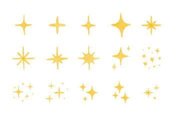 Yellow watercolor sparkle symbol vector set. Bright firework, decoration twinkle, shiny flash. Glowing light effect stars and bursts collection.