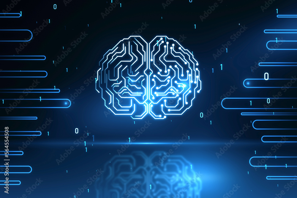 Poster Glowing circuit human brain hologram on blurry backdrop with coding. Artificial intelligence, neurology, technology and future concept. 3D Rendering.