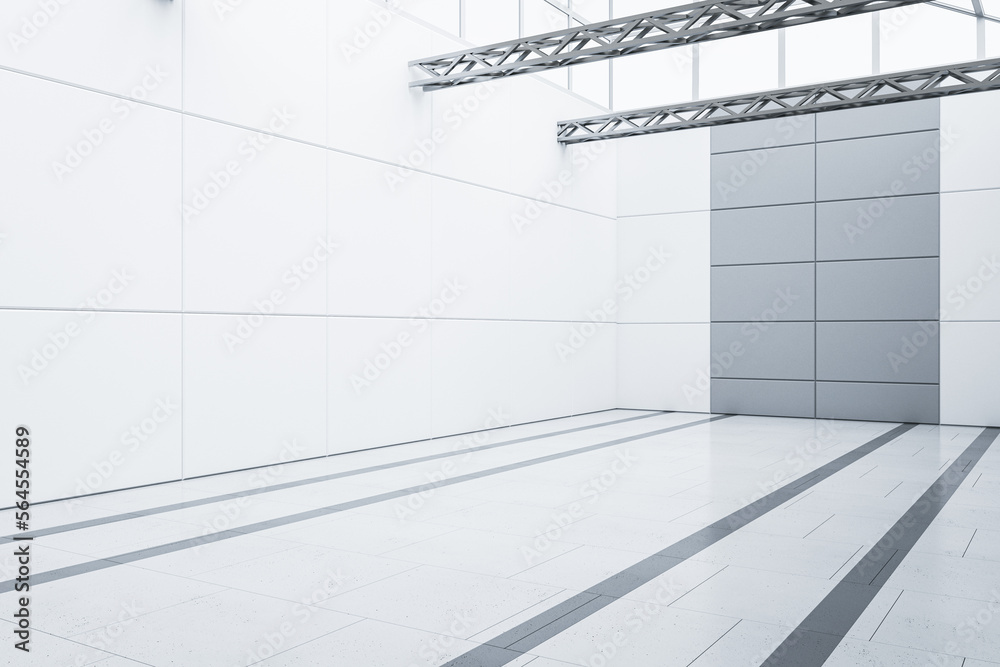 Poster New empty white garage interior. Warehouse concept. 3D Rendering.