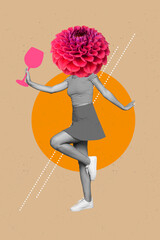 Creative photo collage artwork minimal design of young headless woman flower blooming hold...