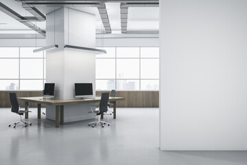  office interior with blank mock up place on wall. Wooden and concrete materials. Panoramic window with city view and daylight. Corporation, law and legal concept. 3D Rendering.
