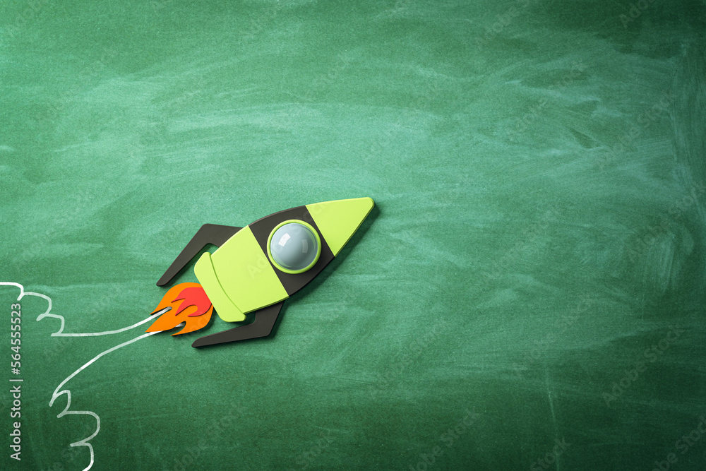 Poster business project launch, startup and creative idea concept with taking off bright graphic rocket on 