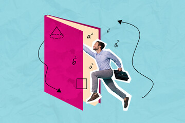 Creative photo collage artwork of young teacher jumping man inside copybook formulas algebra mathematics learning isolated on blue color background
