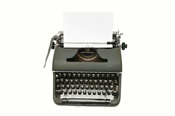 Vintage typewriter machine isolated on white background. Typewriter old keys and blank paper on it.