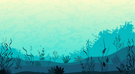 Marine underwater world. Silhouette of the seabed and coral reef. Plants, grass, algae on the ocean floor. Vector illustration. Design for cover, background, banner.