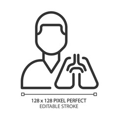 Pulmonology pixel perfect linear icon. Lungs diseases treatment and prevention. Pulmonologist. Medical clinic service. Thin line illustration. Contour symbol. Vector outline drawing. Editable stroke
