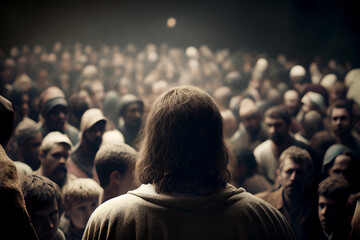 Jesus teaching desciples or people. Back view. Generative AI illustration - obrazy, fototapety, plakaty
