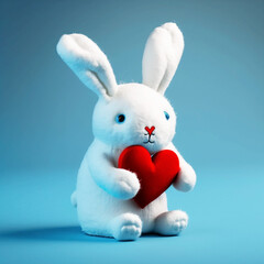 Children's toy a white fluffy soft rabbit holds a red heart in its paws on a blue background. Generative AI, generative artificial intelligence