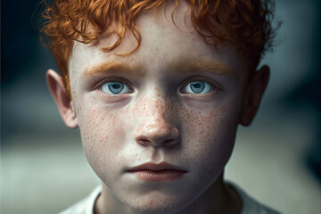 Young teen boy with red hair and freckles. Generative AI. 
