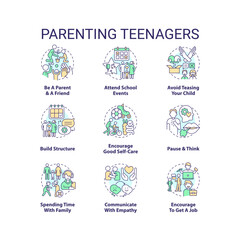 Parenting teenagers concept icons set. Taking care of adolescent children idea thin line color illustrations. Isolated symbols. Editable stroke. Roboto-Medium, Myriad Pro-Bold fonts used