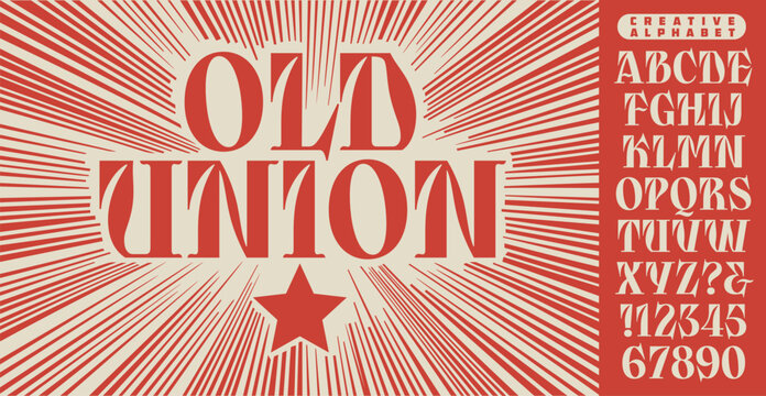 Old Union is an unusual and creative modern alphabet, with hints of type design from Cyrillic alphabets of the early Soviet era. Also good for vintage style union organizing and revolutionary posters.
