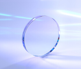 Glass transparent disk on purple abstract background with iridescent effect, refraction of light crystal prism 3d render. Clear acrylic plate, round disc with rainbow lens flare