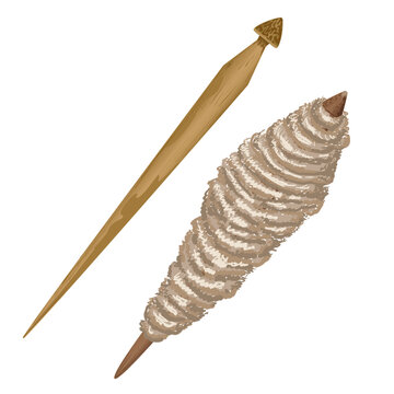 Wooden spindle for yarn of woolen thread, historical traditional item for making woolen thread and woolen products
