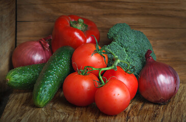 Group of vegetables over a wooden background. Fresh vegetables.