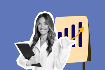 Creative photo collage of young businesswoman assistant hold notepad direct finger painted graphic growing finances chart isolated on blue background