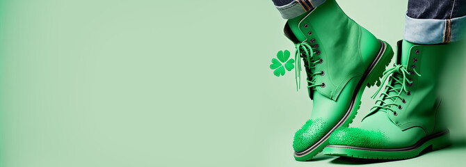 Banner with Green leprechaun shoes for St. Patrick's Day celebration during Irish holidays in Ireland. Generative AI illustration