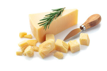 Parmesan cheese with rosemary on a white background.