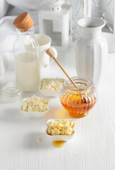 Fresh homemade cottage cheese with honey.