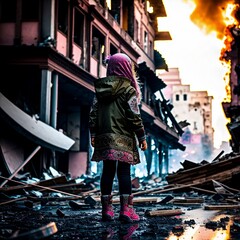 lonely girl, running down a ruined street, burning buildings, smoke, back view, fantasy, ai
