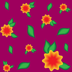 Vector seamless bright pattern with spring yellow flowers and green leaves on a pink background
