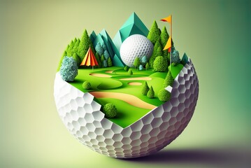 Illustration of a golf course with a golf ball Generative AI - obrazy, fototapety, plakaty