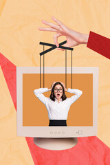 Vertical collage picture of arm fingers hold strings controlled mini girl inside pc display...