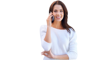 An attractive young woman using her mobile phone isolated on a PNG background.