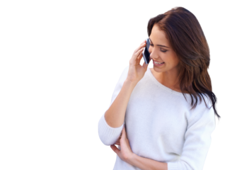 An attractive young woman using her mobile phone isolated on a PNG background.