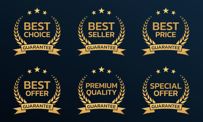 Best choice, seller, price, offer badge, logo or icon set with laurel wreath and guarantee ribbon. Premium quality, special offer emblem or label. Business award design template. Vector illustration.