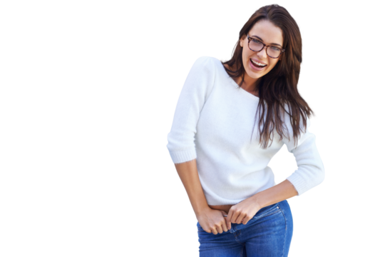 A happy young woman standing isolated on a PNG background.