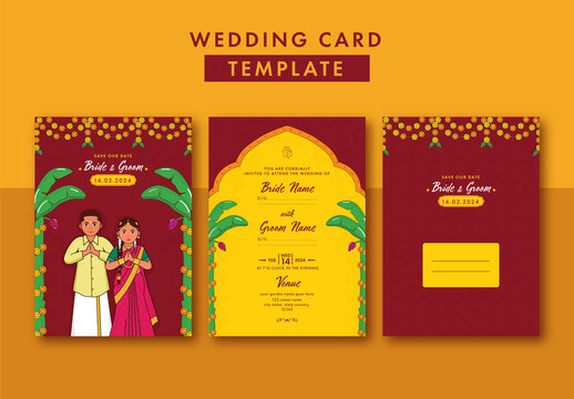 Hindu Wedding Invitation Card Layout with Bride and Groom Character Illsutrations in Traditional Attires, Inner Pages  with Envelope  Template.